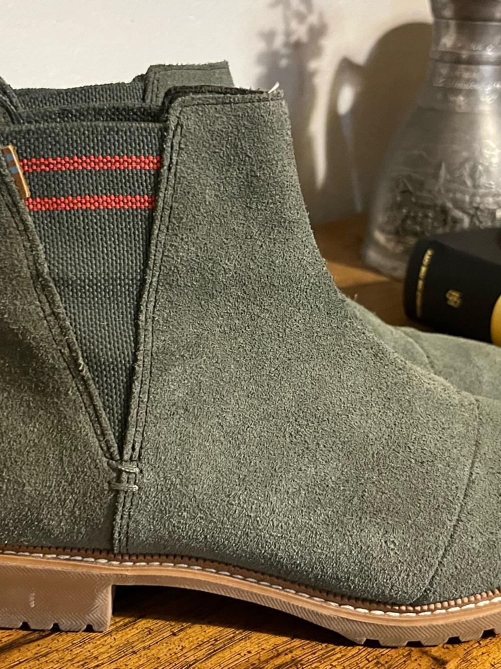 Toms Olive Suede Chukka Boots with Red Stitch Accent